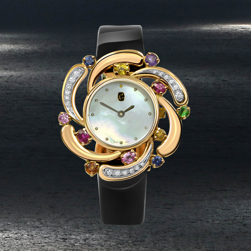 Ladies luxury solid gold watch set with colourful natural gems
