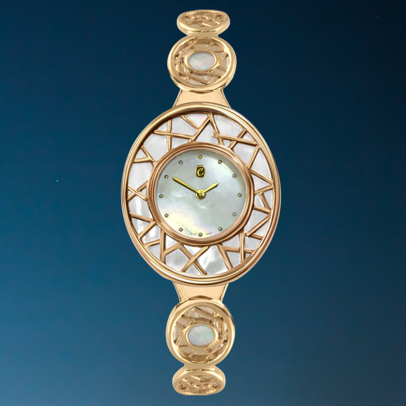 Luxury ladies watch, Yellow gold with south sea mother of pearl dial, details & solid gold band