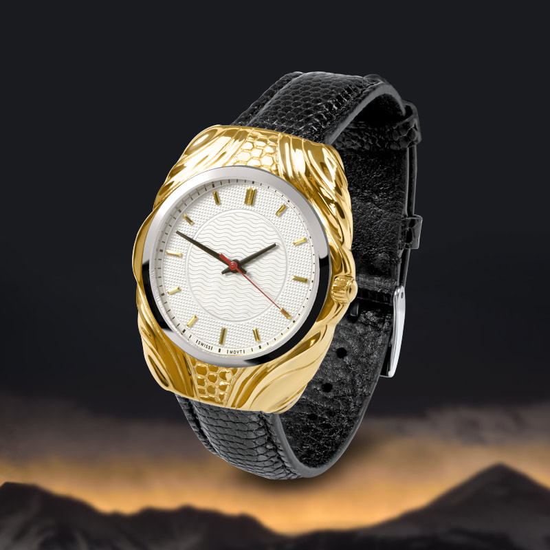 Luxury mens watch, fluid, sculptured solid gold design with a distinctive flair