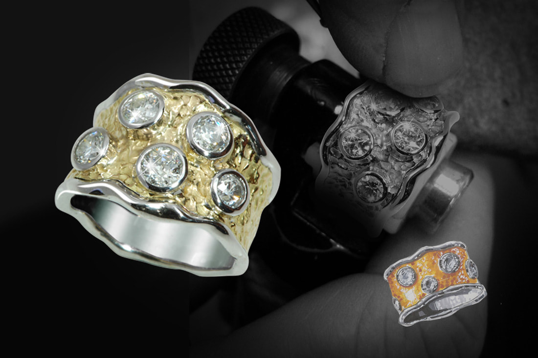 Luxury two tone solid gold dress ring with large natural diamonds