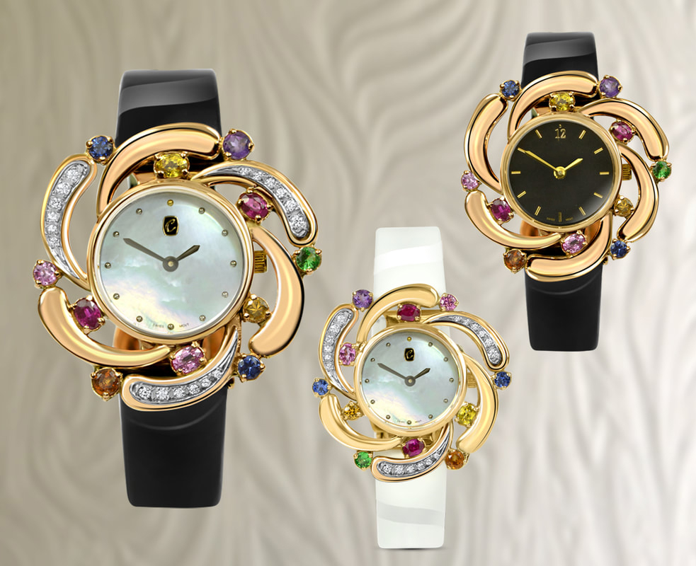 Ladies luxury solid gold watch set with colourful natural gems
