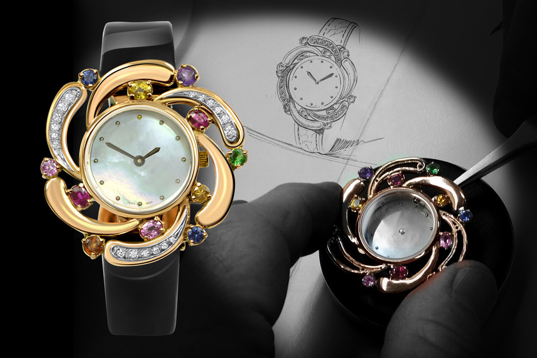 Ladies luxury solid gold watch set with colourful natural gems