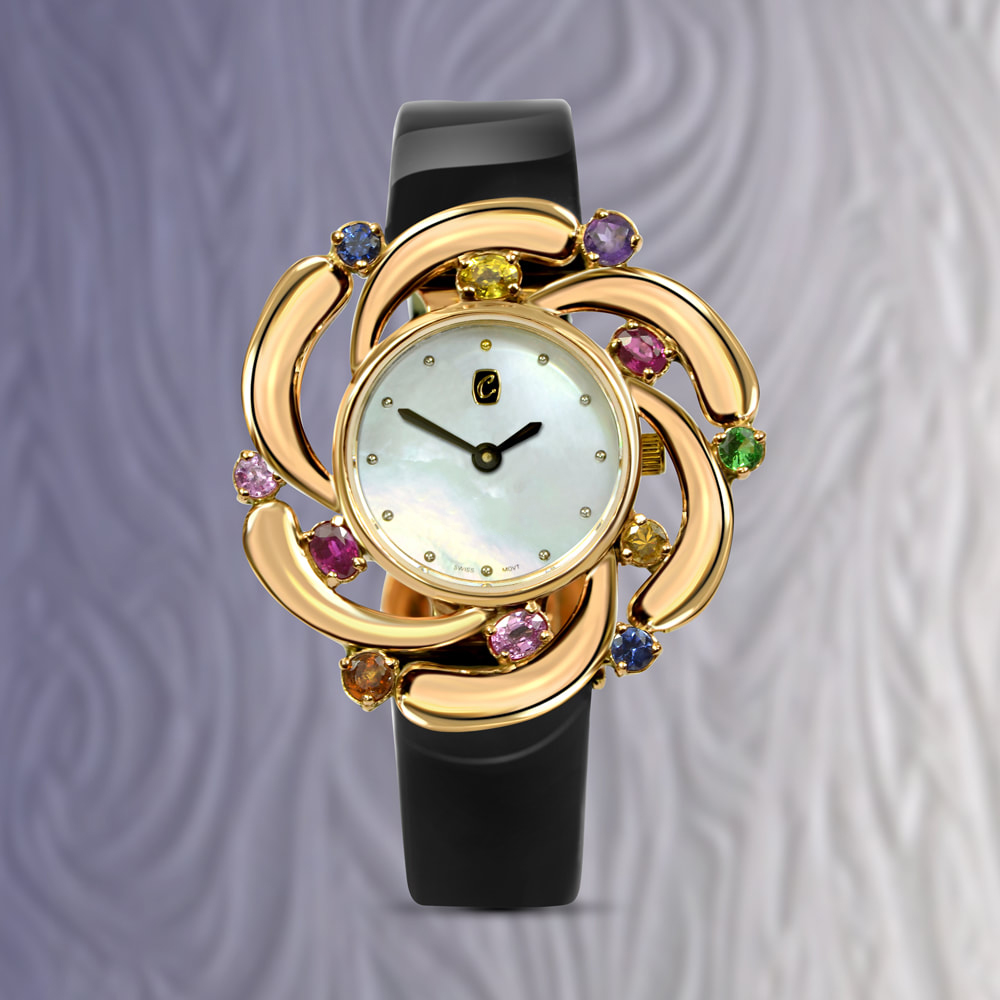 Ladies luxury solid gold watch set with colourful natural gems with mother of pearl dial