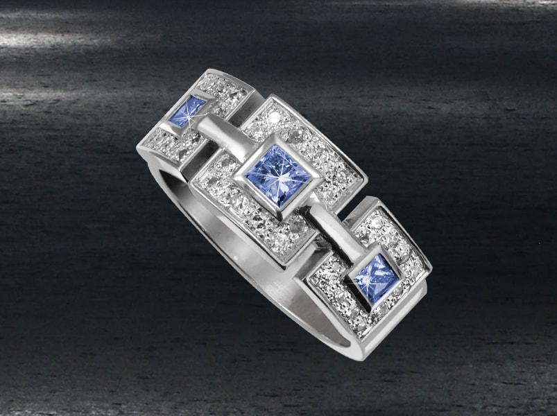 Luxury deco white gold ring with Sapphires and diamonds