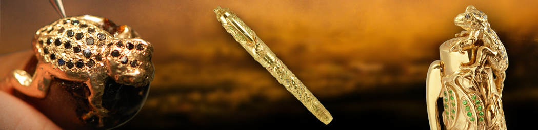 Luxury solid gold pen with sculptured endangered Australian set with black diamonds