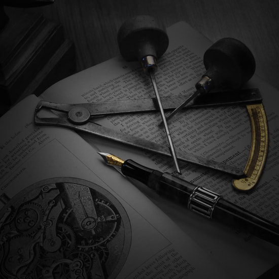 Emotive shot of antique hand tools with a Curtis luxury pen