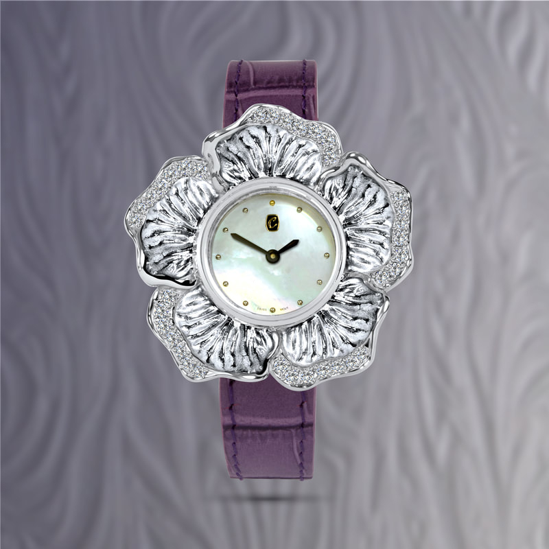 Luxury ladies solid white gold watch, inspired by the hibiscus flower and set with diamond highlights 