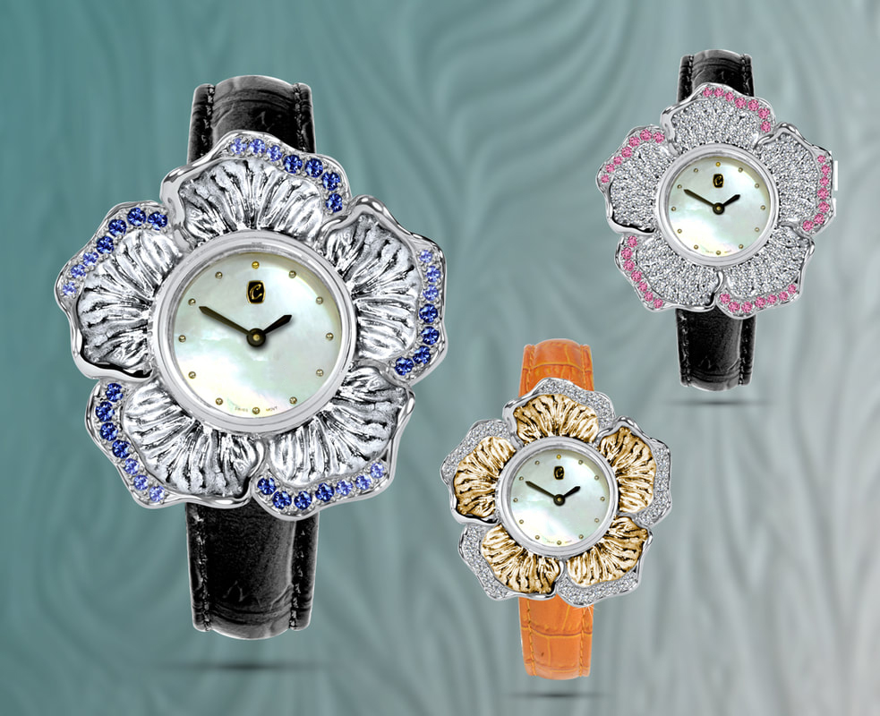 Luxury ladies solid gold watch, inspired by the hibiscus flower and set with diamonds 