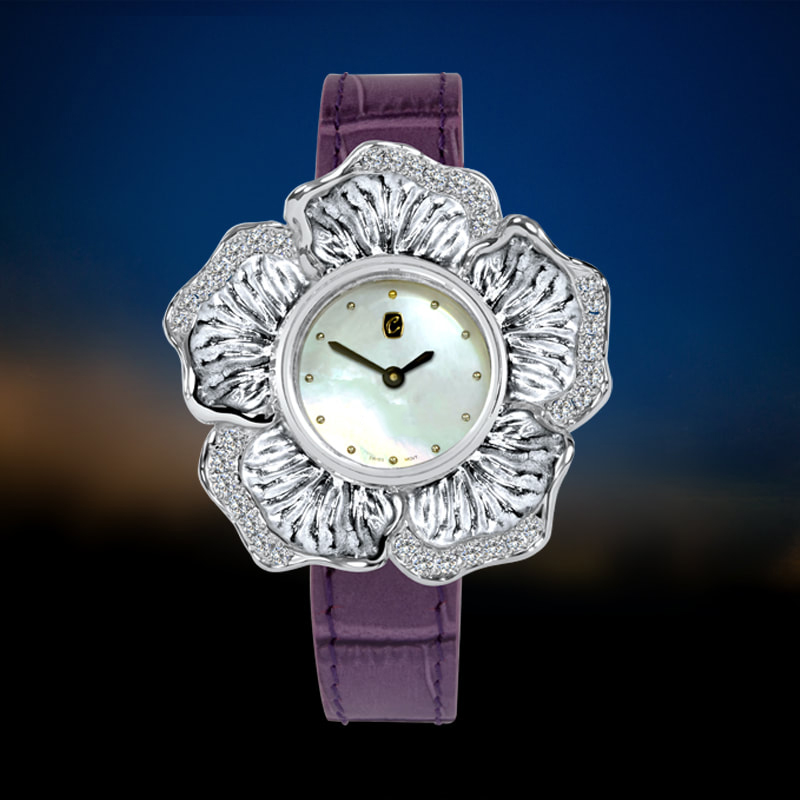 Luxury ladies solid gold watch, inspired by the hibiscus flower and set with diamonds 
