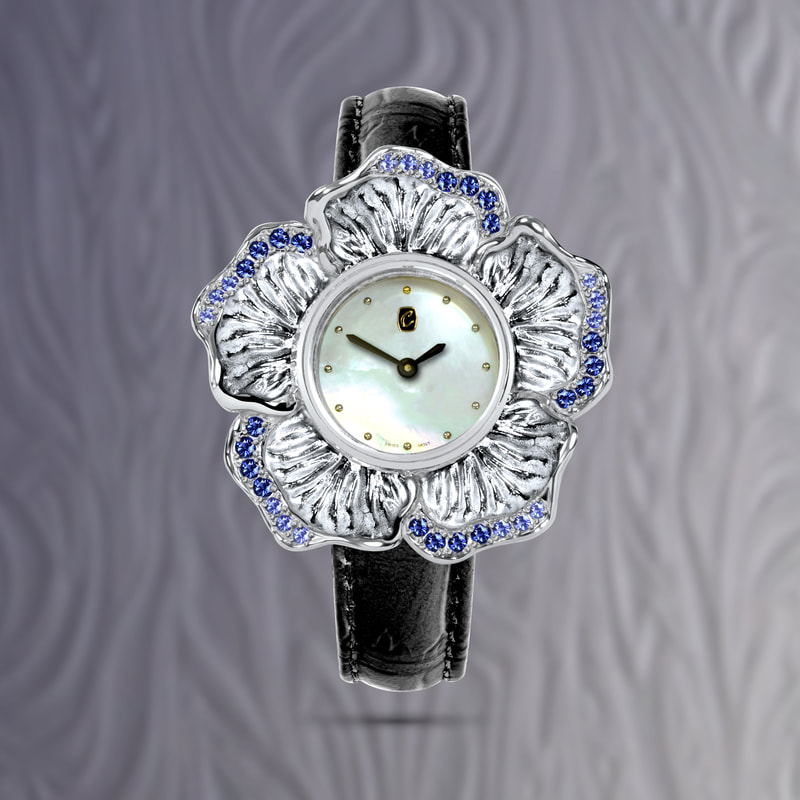 Luxury ladies solid gold watch, inspired by the hibiscus flower and set with Sapphire highlights 