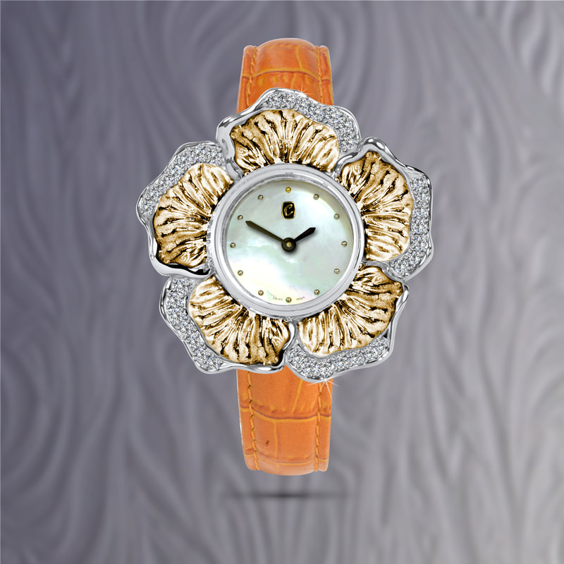 Luxury ladies solid two tone gold watch, inspired by the hibiscus flower and set with diamond highlights 