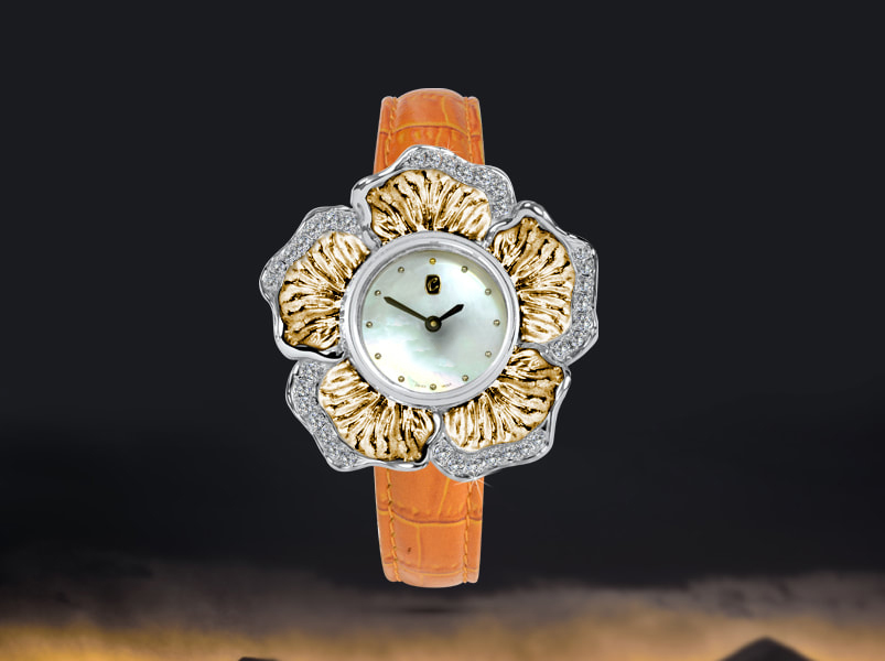 Luxury ladies solid gold watch, inspired by the hibiscus flower and set with diamonds 