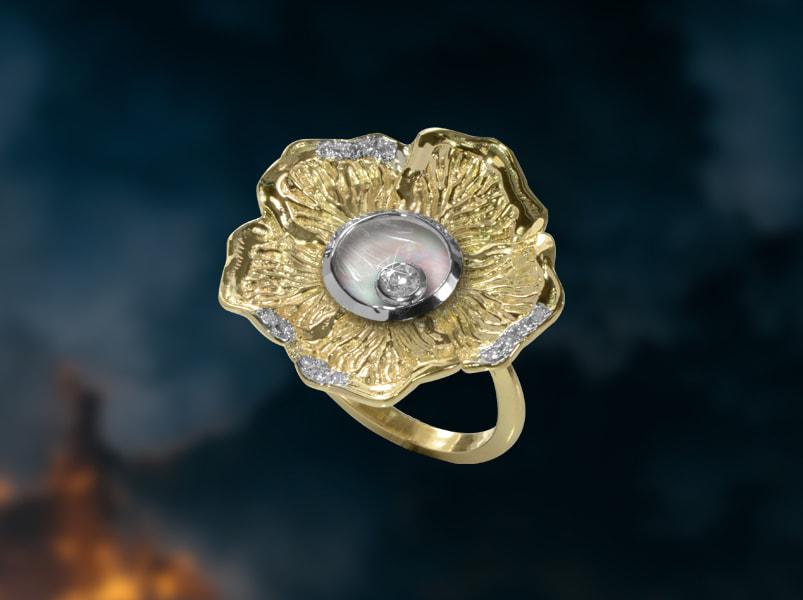 Stylised hibiscus flower gold ring with diamond and mother of pearl center.