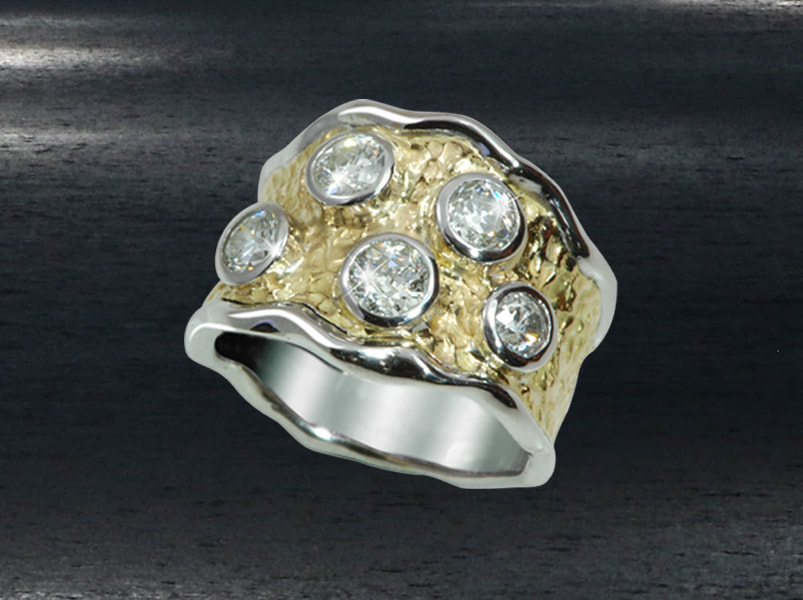 Luxury two tone solid gold dress ring with large natural diamonds