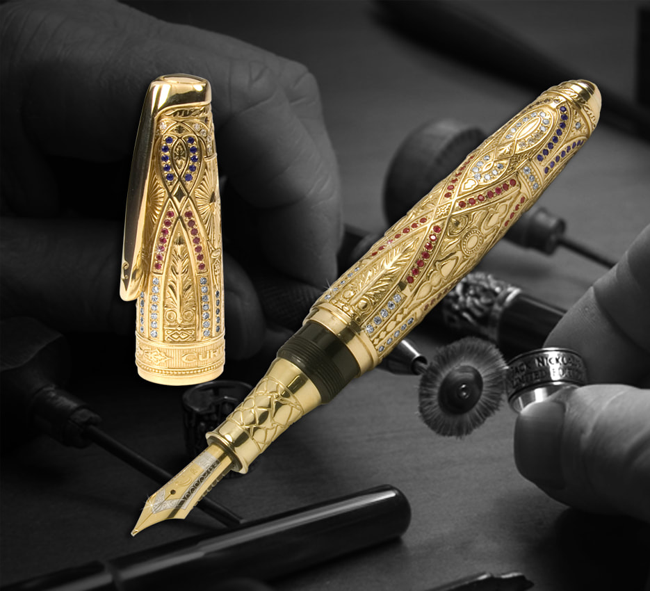 Solid gold fountain pen with sculptured decorative pattern embellished with colourful gems 