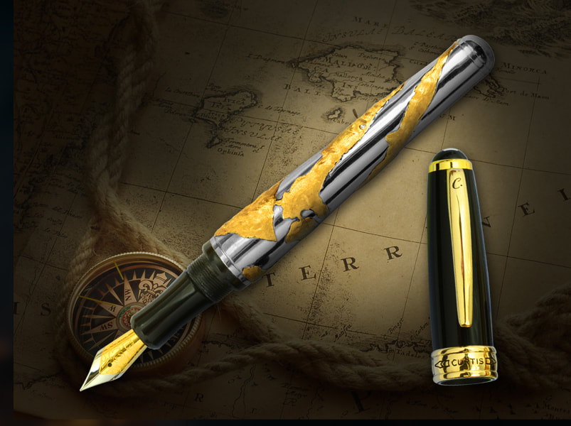 Luxury solid gold and silver fountain pen with sculptured map scene and secret cipher message