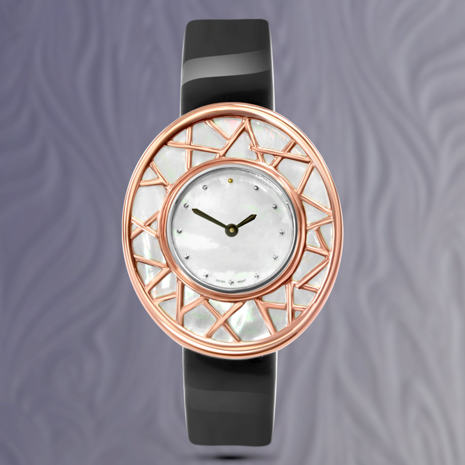 Luxury ladies watch, Rose gold with south sea mother of pearl dial, details & black band