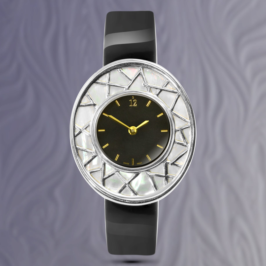 Luxury ladies watch, white gold with south sea mother of pearl details & black band