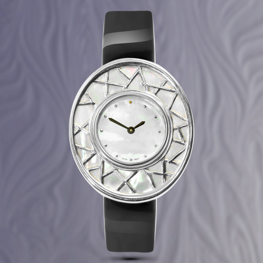Luxury ladies watch, white gold with south sea mother of pearl dial, details & black band