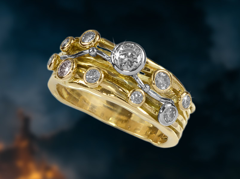Flowing solid gold dress ring with multiple rub over diamonds