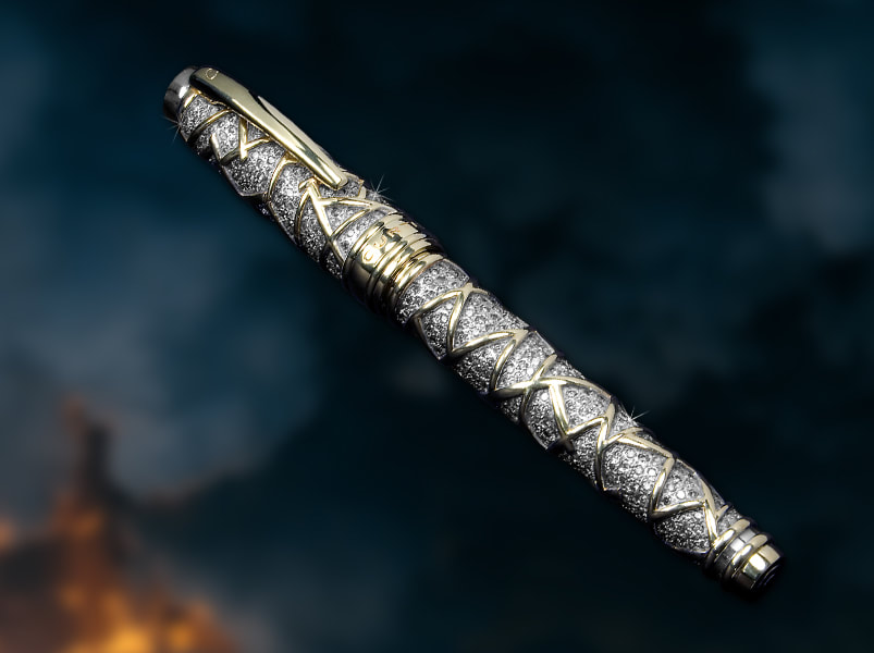 Luxury solid gold pen set with hundreds of stunning silver mist diamonds