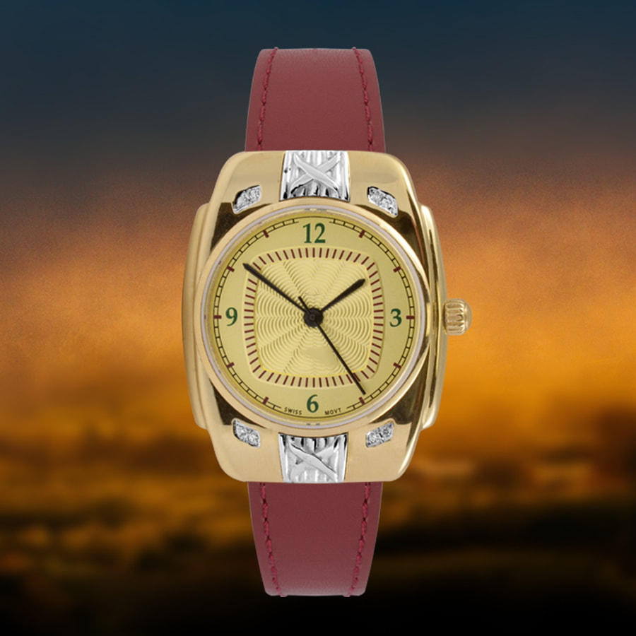 Stylish Art Deco inspired luxury watch with guilloche dial & solid gold case