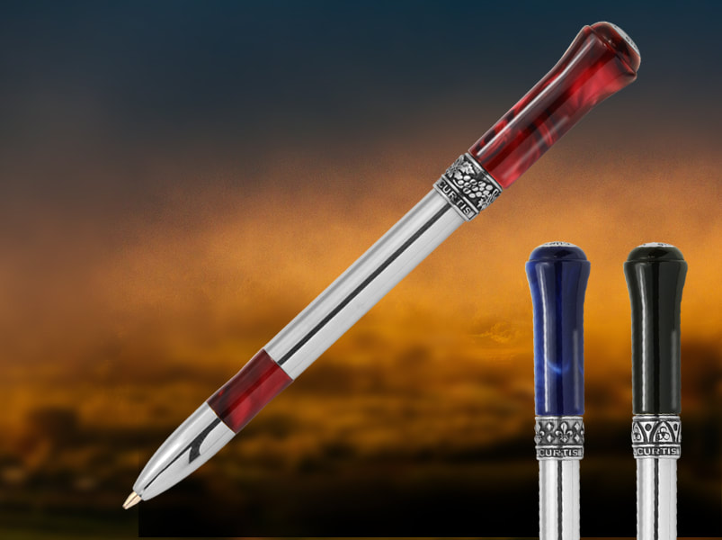 Solid sterling silver pen with colourful resin grip and twist cap