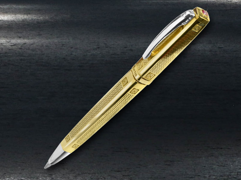 Luxury solid gold square twist action pen with ruby set cap end 
