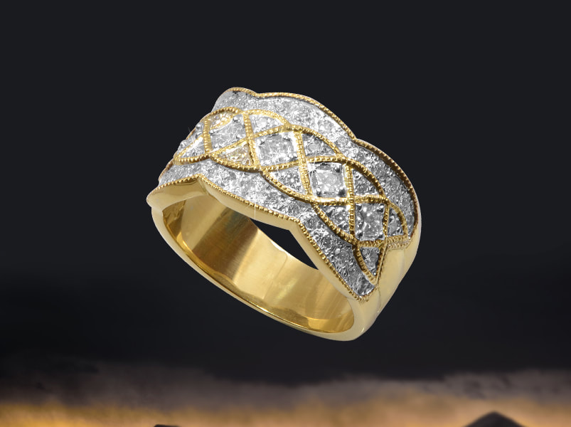 Solid gold weave ring with sparkling diamonds