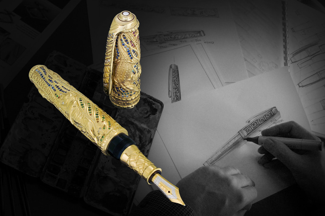 Solid gold fountain pen with sculptured animal motifs and colourful gems 